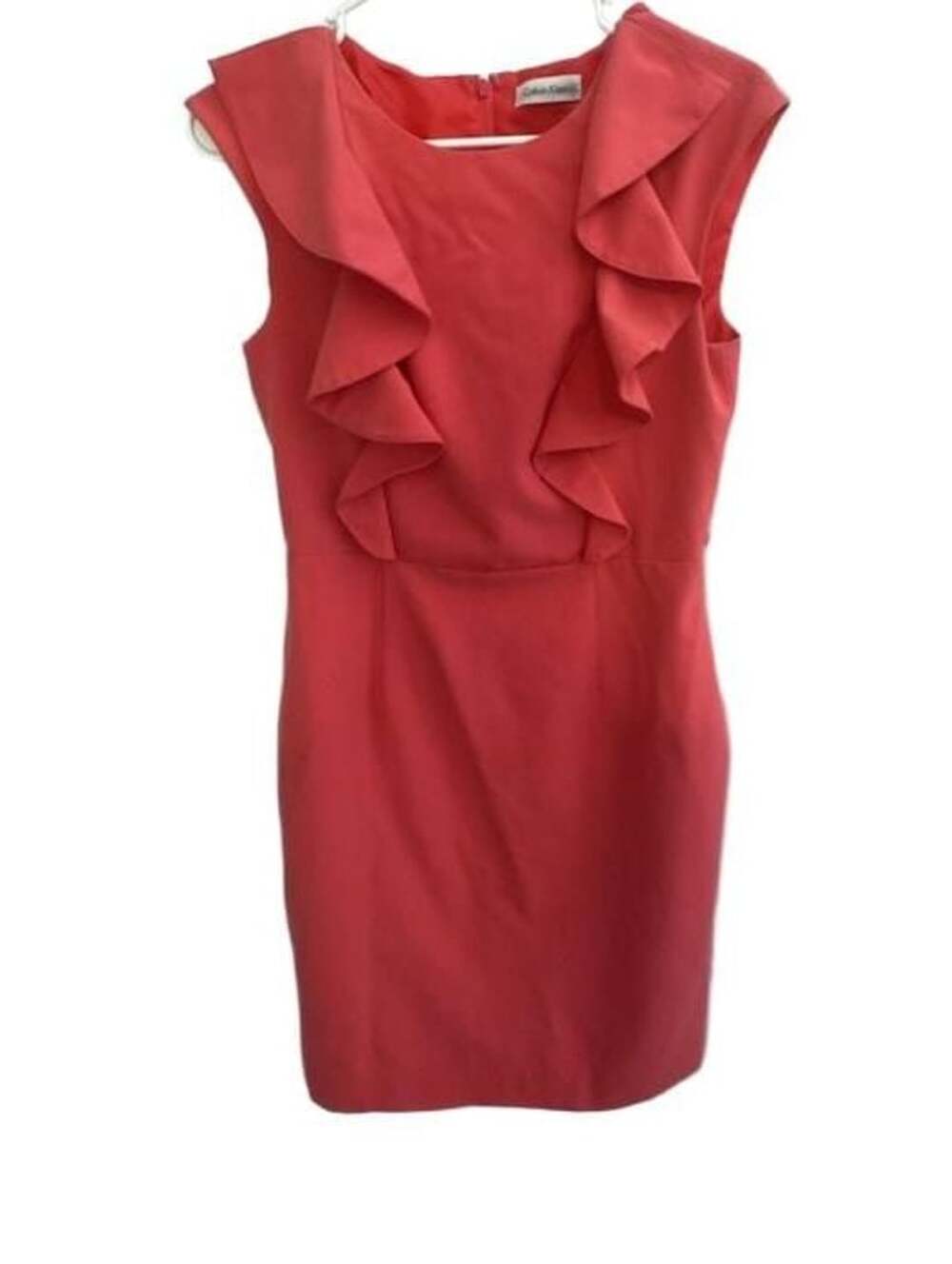 Calvin Klein Red Ruffle Sheath Dress size unknown but measurements are included.